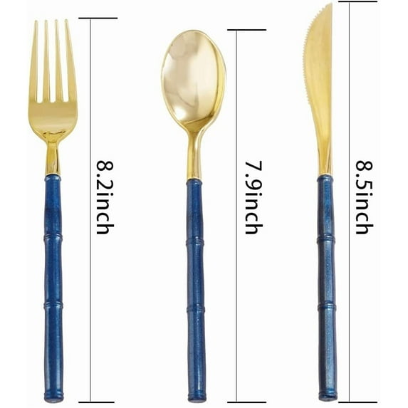 Supernal 180pcs Gold Plastic Cutlery with Blue Glitter Bamboo Handle - 60 Knives, 60 Forks, 60 Spoons
