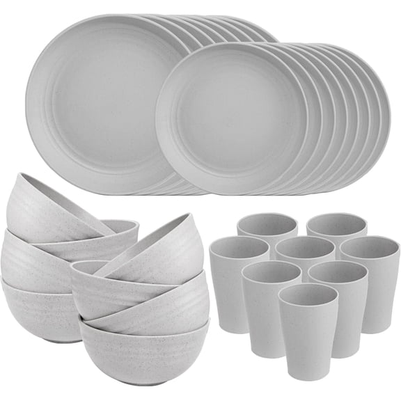 Supernal 32-Piece Wheat Straw Dinnerware Set for 8, Reusable Plates Bowls and Cups, Lightweight Dishwasher Safe Dish Set, Grey