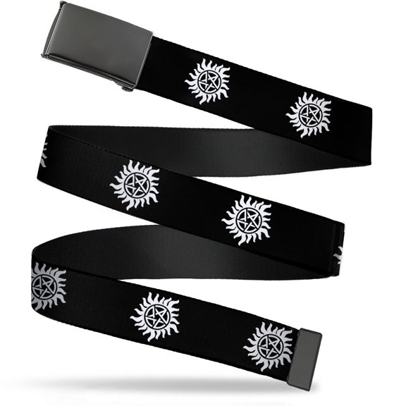 Adjustable Belt, Clamp Buckle, Cut-to-Fit, Winchester Pentagram Repeat Black White