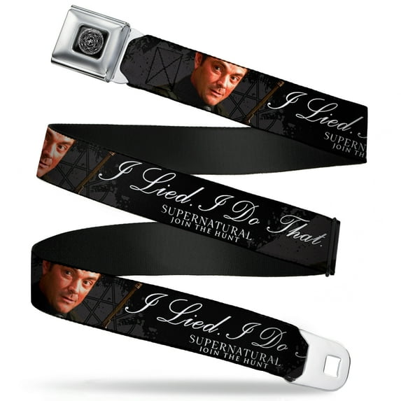 Supernatural Belt, Seatbelt Buckle Belt, Crowley Pose I Lied I Do That Pentagram Black Grays White, Youth 22 to 32 Inches