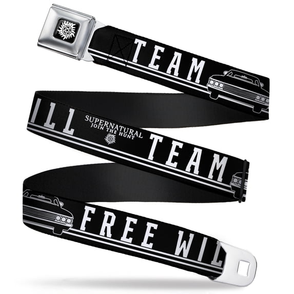 Supernatural Belt, Seatbelt Buckle Belt, Supernatural Team Free Will Impala Black White, 34 to 52 Inches
