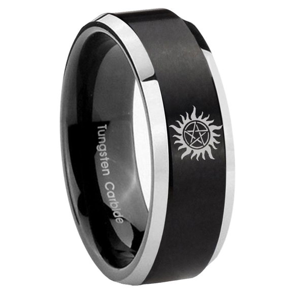 Supernatural Beveled Edge Brush Black 2 Tone Tungsten Men Ring 10MM