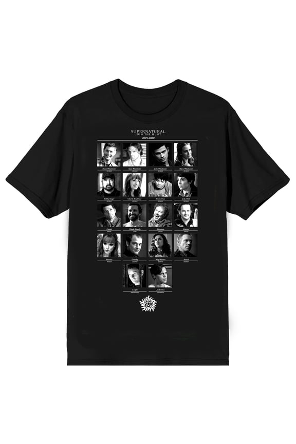 Supernatural Black & White Character Grid Adult Black Crew Neck Short Sleeve T-shirt-XXL