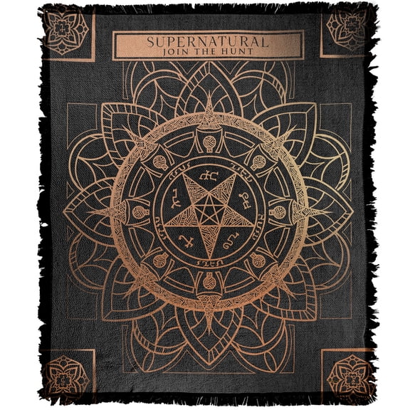 Supernatural Blanket, 50"x60" Pentagram and Title Woven Tapestry Cotton Blend Fringed Throw Blanket
