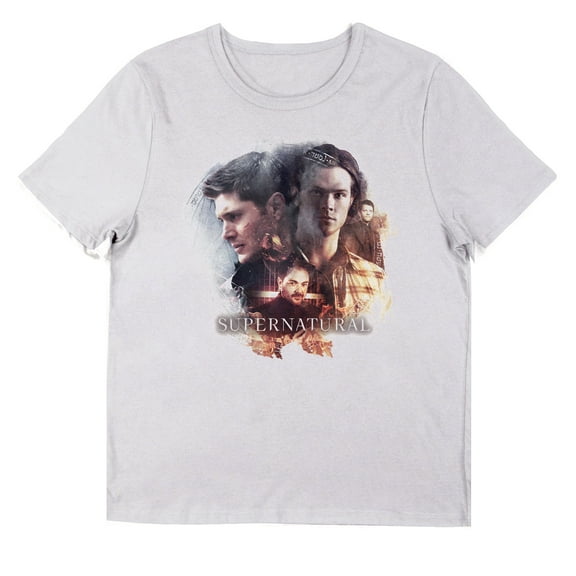 Supernatural Character Art (Front) and Join the Hunt (Back) Women's White Graphic Crop Tee-Large