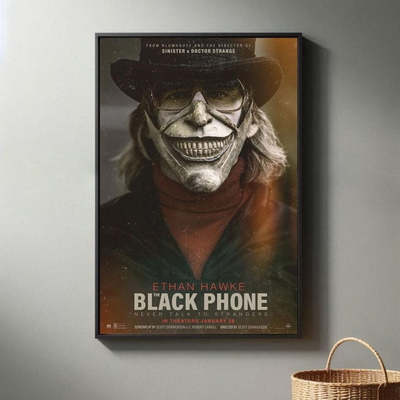 Supernatural Grabber Black Phone Basement Mask Minimalist Black and White Mid-Century Modern Wall Art, Unframed Canvas