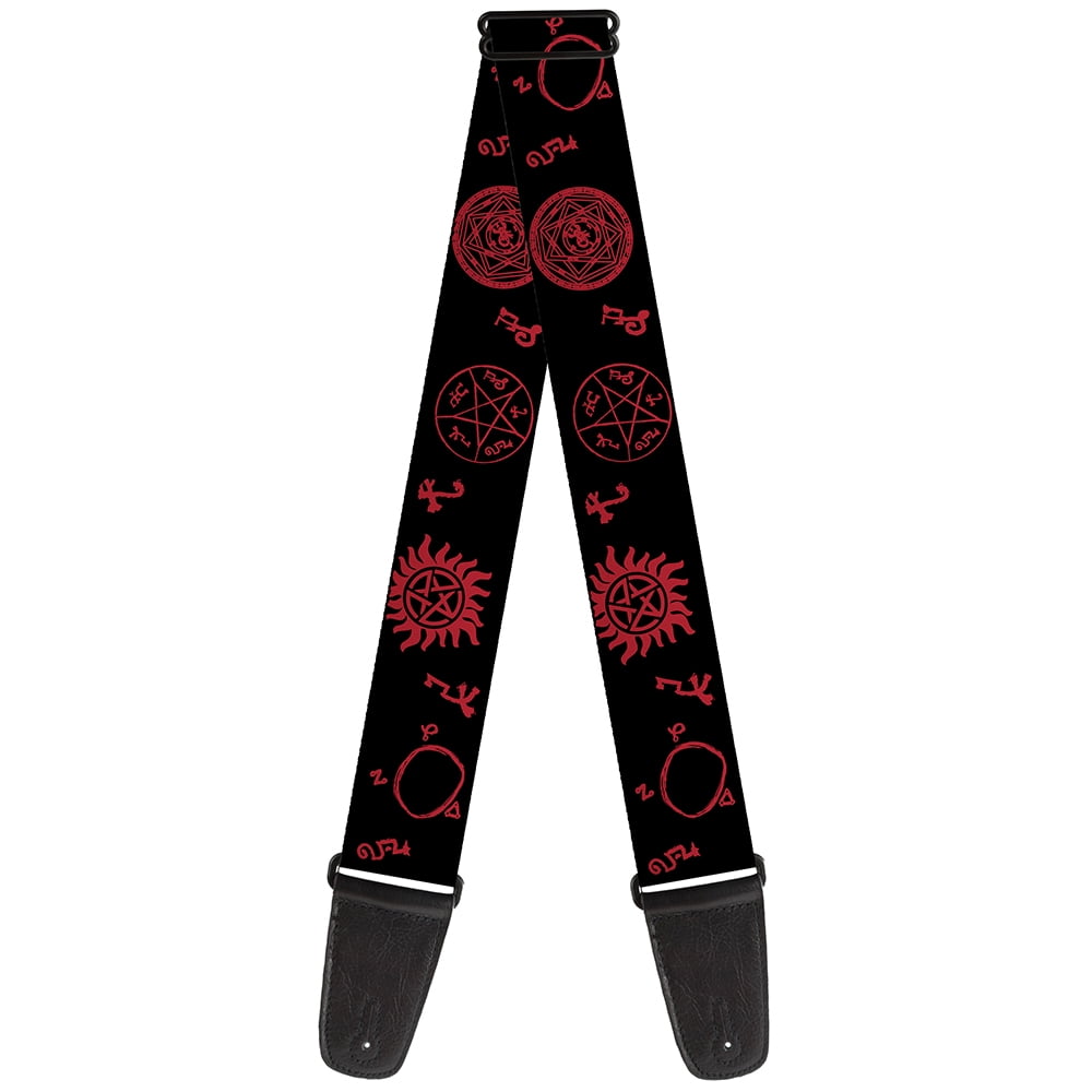 Supernatural Guitar Strap, Supernatural Symbols Scattered Black Red, 2 Inches Wide