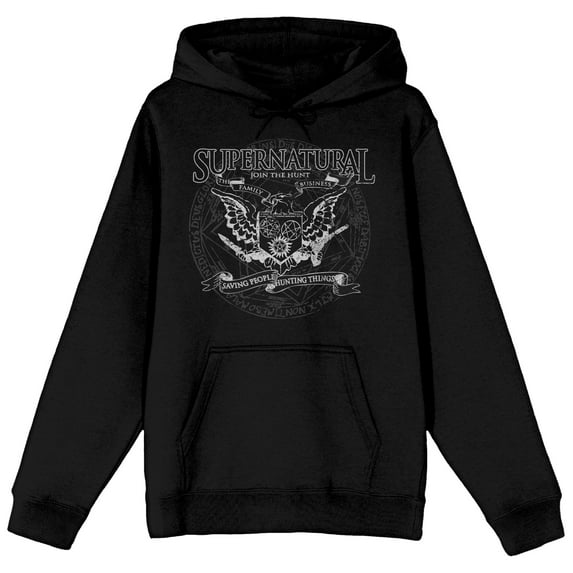 Supernatural Join The Hunt Eagle Crest Long Sleeve Men's Black Hooded Sweatshirt-Large