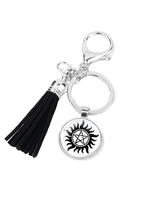Supernatural Pentagram Glass Domed Symbol Keychain Keyring with Tassels