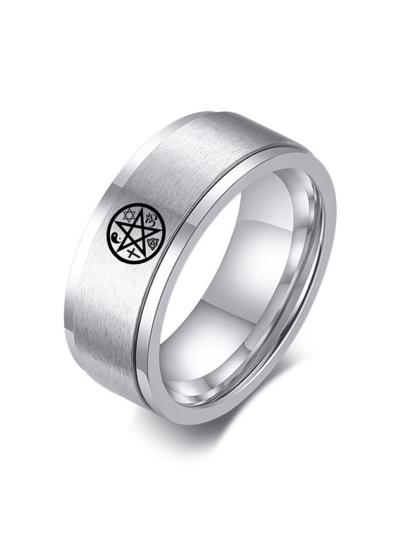 Supernatural Pentagram Pentacle Spinner Ring, Cross Star of David Yin Yang OM Triquetra Multi-religious Symbols Amulet Finger Ring, Sacred Protection Jewelry for Men Women, #9, Silver