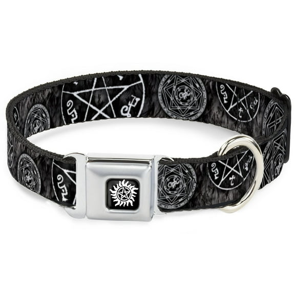 Supernatural Pet Collar, Dog Collar Metal Seatbelt Buckle, Supernatural Devils Trap Pentagrams Grays Black White, 20 to 31 Inches 1.5 Inch Wide