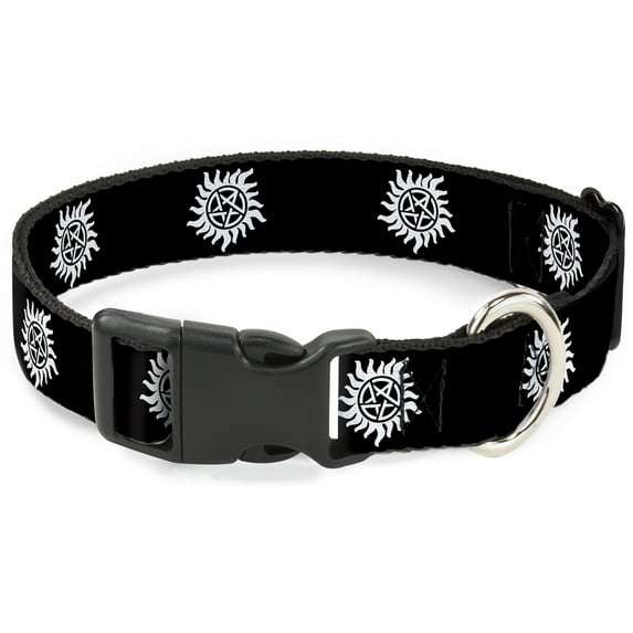 Supernatural Pet Collar, Dog Collar Plastic Buckle, Winchester Pentagram Repeat Black White, 16 to 23 Inches 1.5 Inch Wide