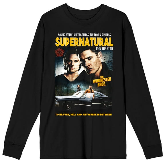 Supernatural Poster Design Cast and Title Logo Adult Black Long Sleeve Crew Neck Tee-Small