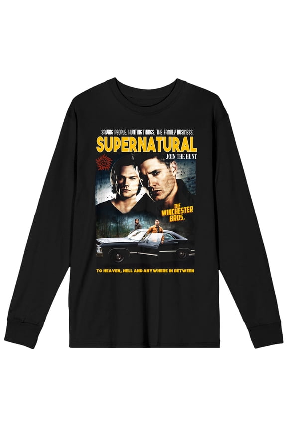 Supernatural Poster Design Cast and Title Logo Adult Black Long Sleeve Crew Neck Tee-XL