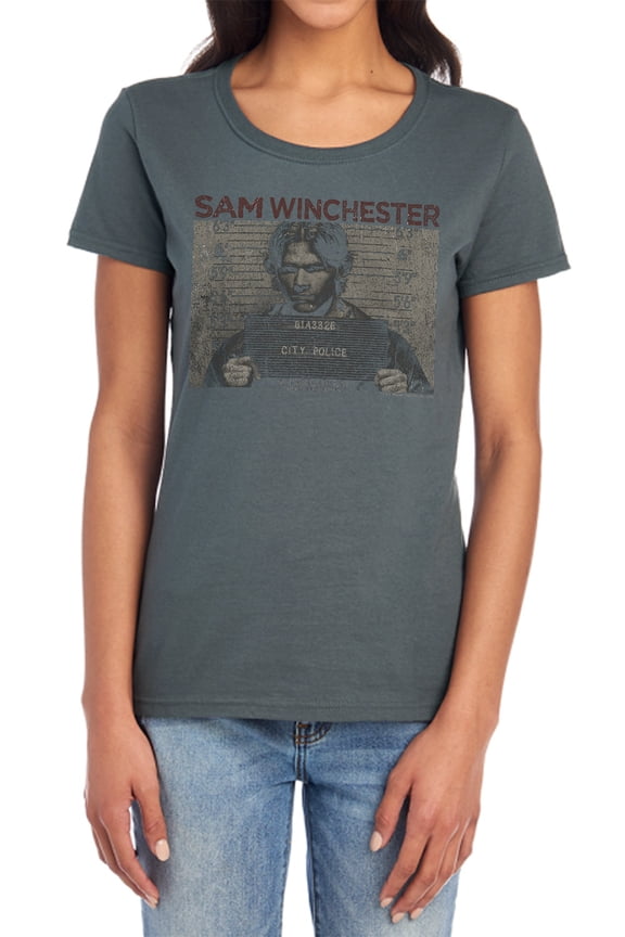 Supernatural Sam Mug Shot Women's T Shirt, Charcoal, Large