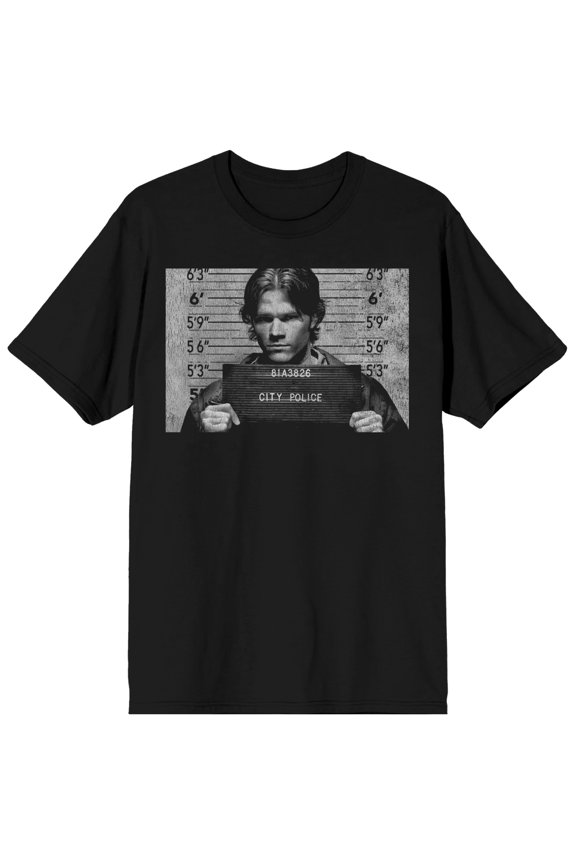 Supernatural Sam Mugshot Adult Black Crew Neck Short Sleeve T-shirt