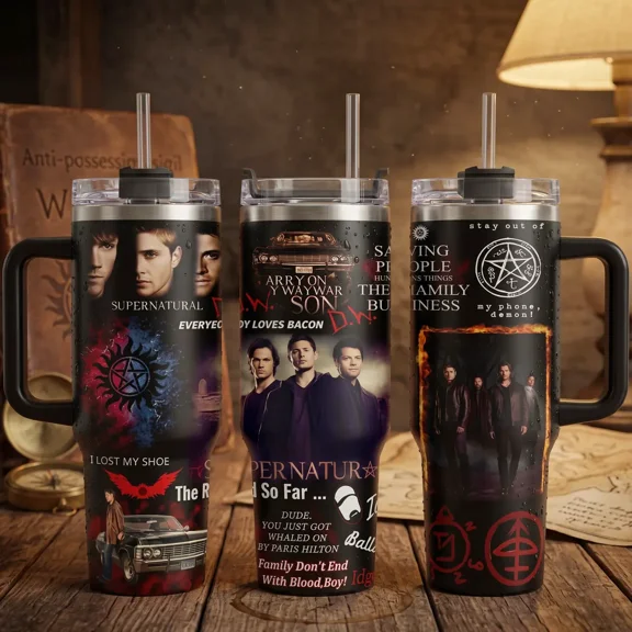 Supernatural, Saving People Hunting Things, Winchester Brothers Devil Trap, SPN for Boyfriend Dad, 40oz Tumbler With Handle, Stainless Steel Insulated Travel Cup for Hot and Cold Drinks