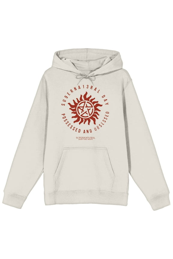 Supernatural Superna13ral Day Possessed And Obsessed Long Sleeve Sand Adult Hooded Sweatshirt-Medium