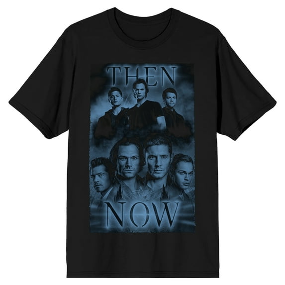 Supernatural TV Series Men's Then & Now Black Graphic T-Shirt-Large