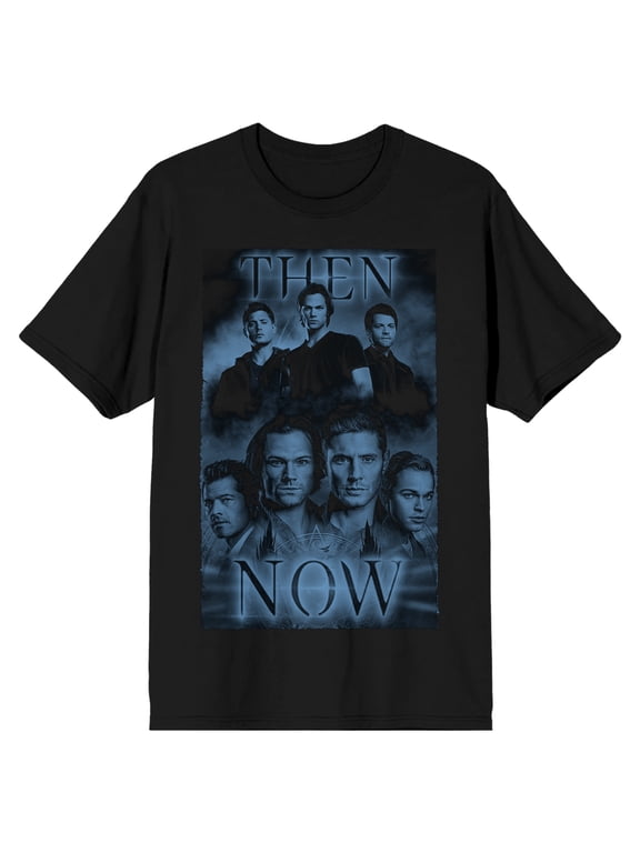 Supernatural TV Series Men's Then & Now Black Graphic T-Shirt-X-Large