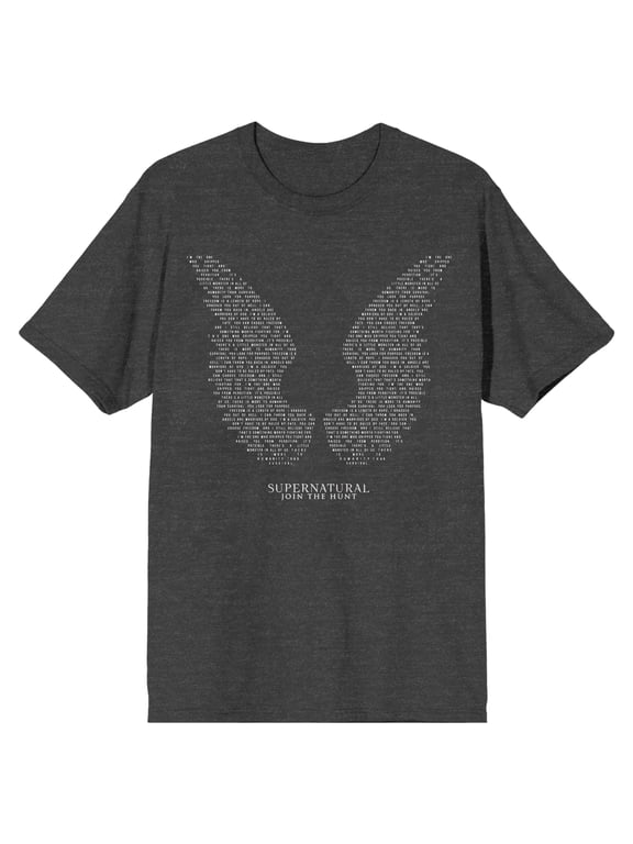 Supernatural Text Wings Men's Charcoal Heather T-shirt-X-Large