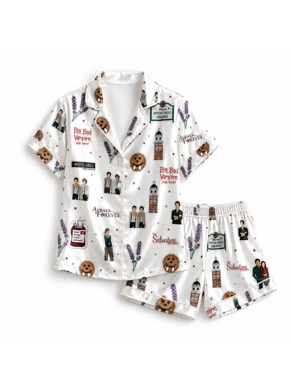 Supernatural Vampire Lore Satin Pajama Set, Gothic Town Sleepwear, Fan Gift