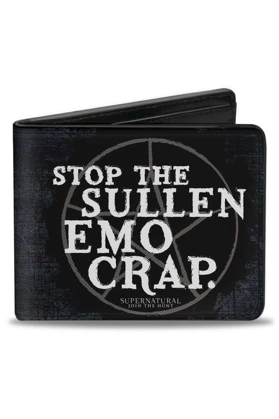 Supernatural Wallet, Bifold, Stop The Sullen Emo Crap Pentagram Black Grays White, Vegan Leather
