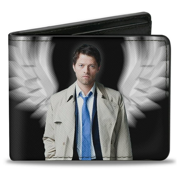 Supernatural Wallet, Bifold, Supernatural Castiel Angel Wings Pose Logo Black White, Vegan Leather