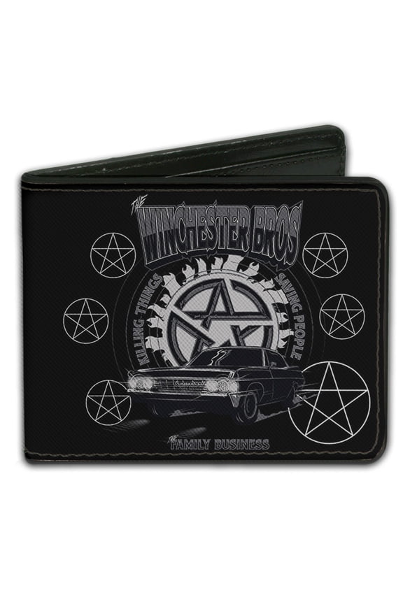 Supernatural Wallet, Bifold, Supernatural the Winchester Bros Impala Pentagrams Black Gray, Vegan Leather