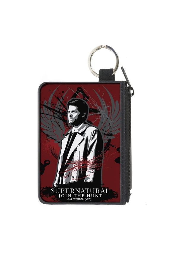 Supernatural Wallet, Coin Purse, Supernatural Castiel Angel Wings Pose Reds Grays Black, Canvas