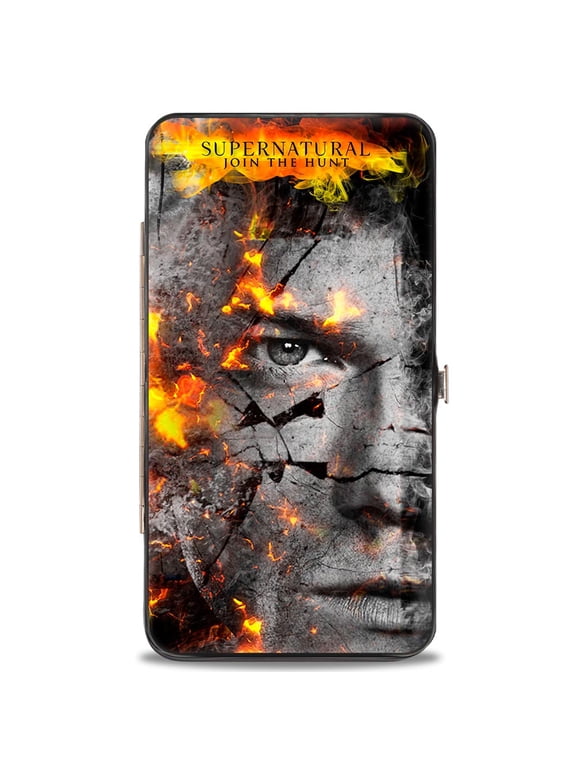 Supernatural Wallet, Hinged, Supernatural Sam Dean Broken Faces Close Up Grays Flames, Vegan Leather