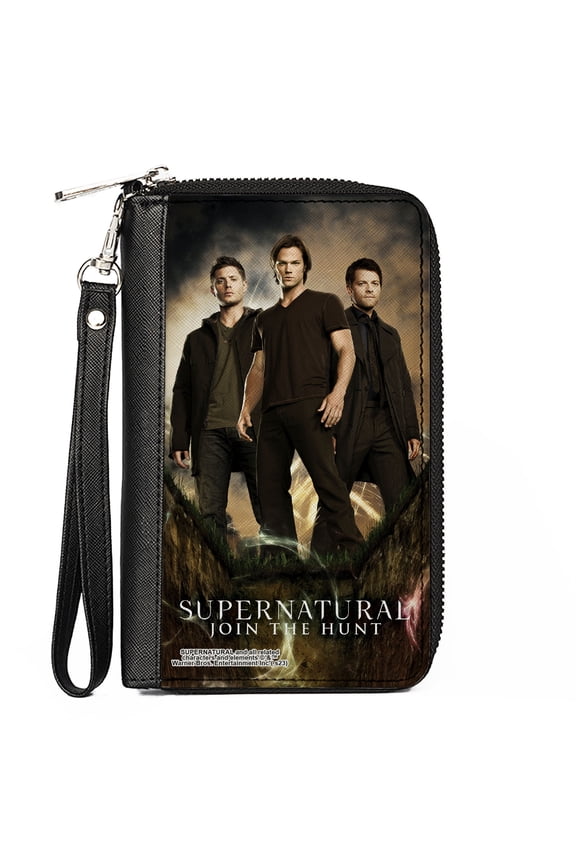 Supernatural Wallet, Zip Around, SUPERNATURAL Dean, Sam & Castiel Standing Pose JOIN THE HUNT, Vegan Leather