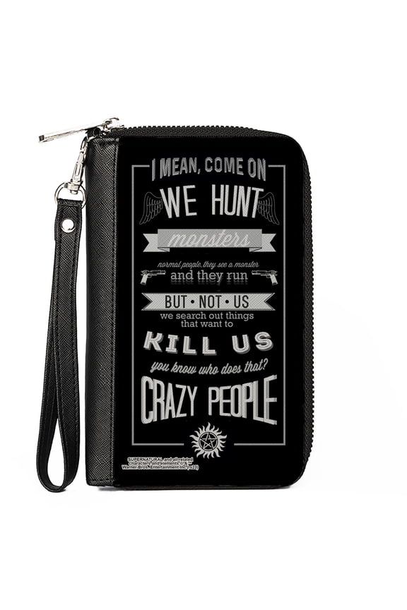 Supernatural Wallet, Zip Around, Supernatural Dean CRAZY PEOPLE Quote/Winchester Pentagram Black/Grays, Vegan Leather