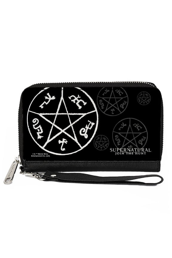 Supernatural Wallet, Zip Around, Supernatural Devils Trap Symbol Scattered Black Gray White, Vegan Leather