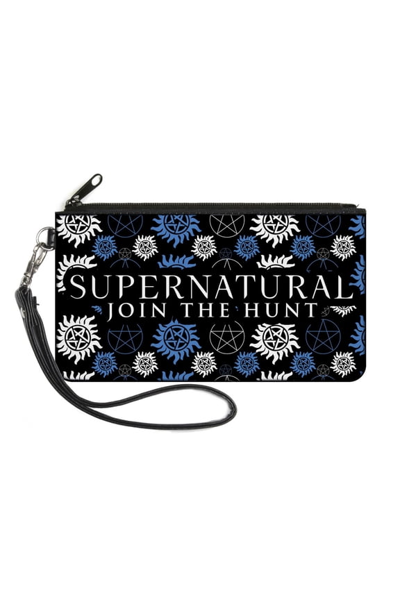 Supernatural Wallet, Zip Clutch, Supernatural Join The Hunt Icons Scattered Black Blues White, Canvas