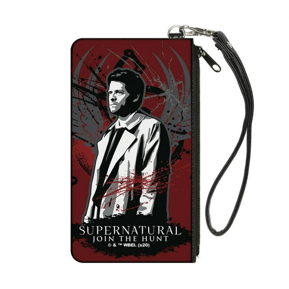 Supernatural Wallet, Zip Pouch, Supernatural Castiel Angel Wings Pose Reds Grays Black, Canvas