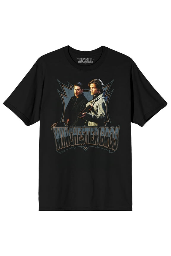 Supernatural Winchester Bros Sam & Dean with Guns on Black Short Sleeve Adult T-Shirt-XS