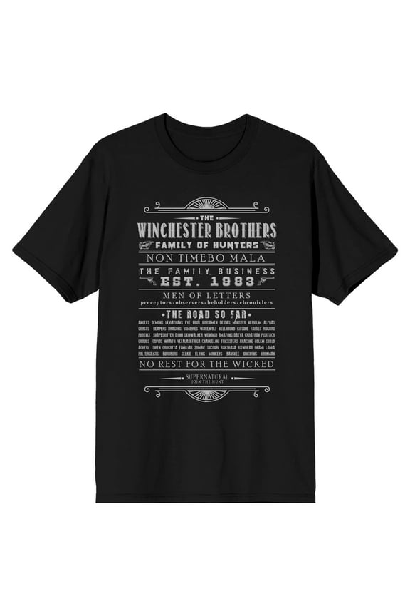Supernatural Winchester Brothers Family of Hunters Men's Black T-shirt-X-Large