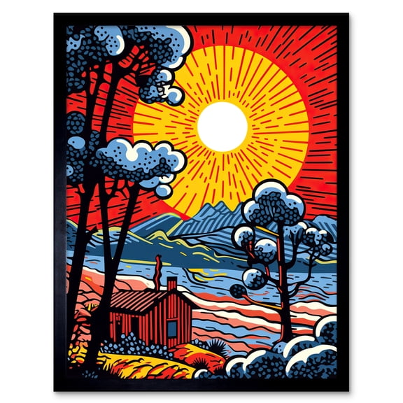 Supernova Sunrise Over Countryside Cabin Comic Book Style Mountain Landscape Pop Art Halftone Art Print Framed Poster Wall Decor 12x16 inch