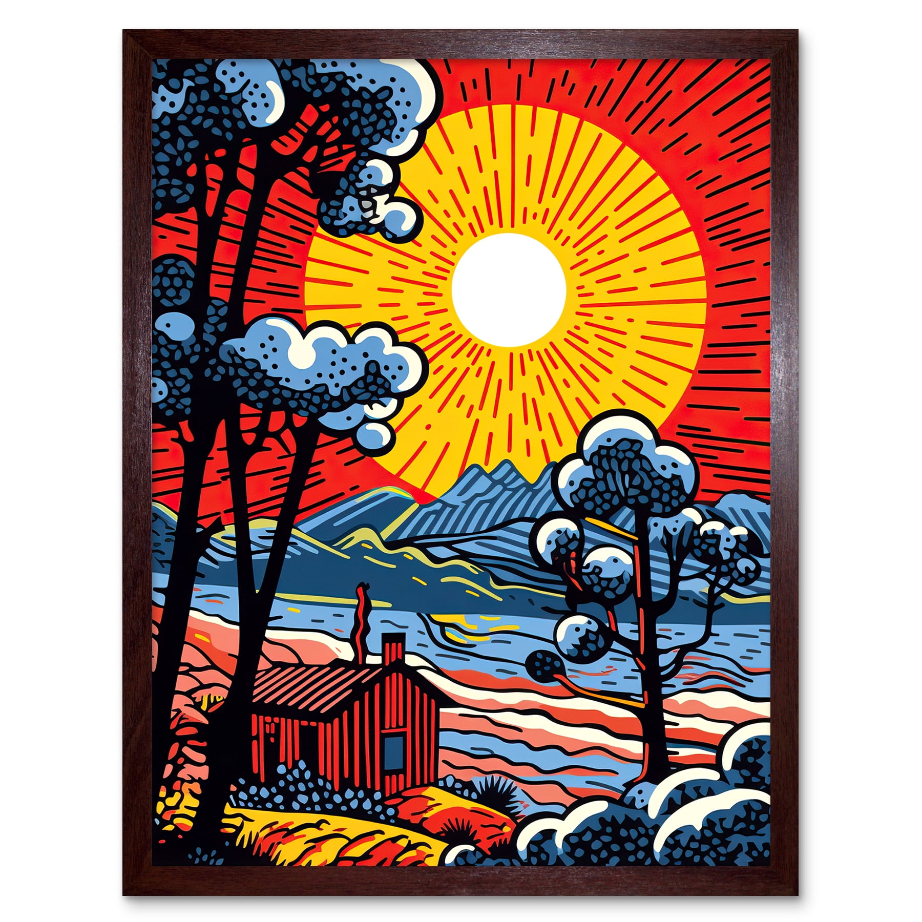 Supernova Sunrise Over Countryside Cabin Comic Book Style Mountain