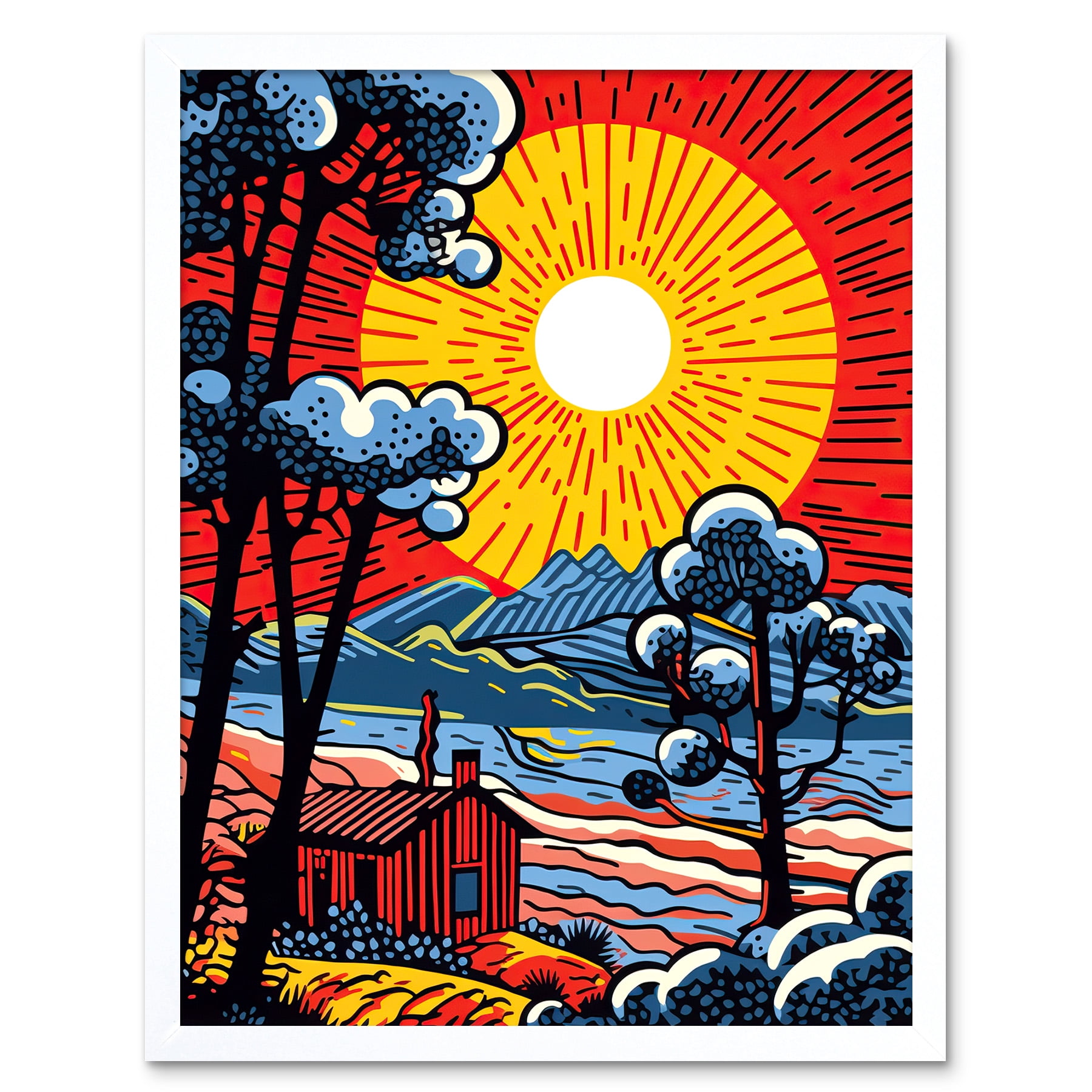 Supernova Sunrise Over Countryside Cabin Comic Book Style Mountain