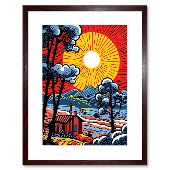 Supernova Sunrise Over Countryside Cabin Comic Book Style Mountain Landscape Pop Art Halftone Artwork Framed Wall Art Print 9X7 Inch