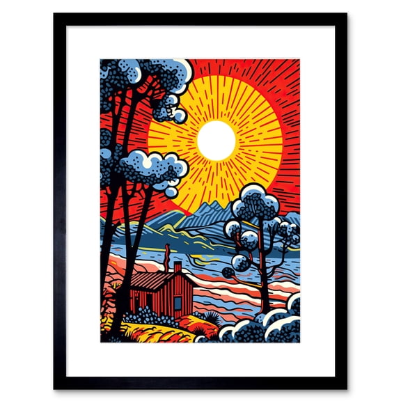 Supernova Sunrise Over Countryside Cabin Comic Book Style Mountain Landscape Pop Art Halftone Artwork Framed Wall Art Print 9X7 Inch