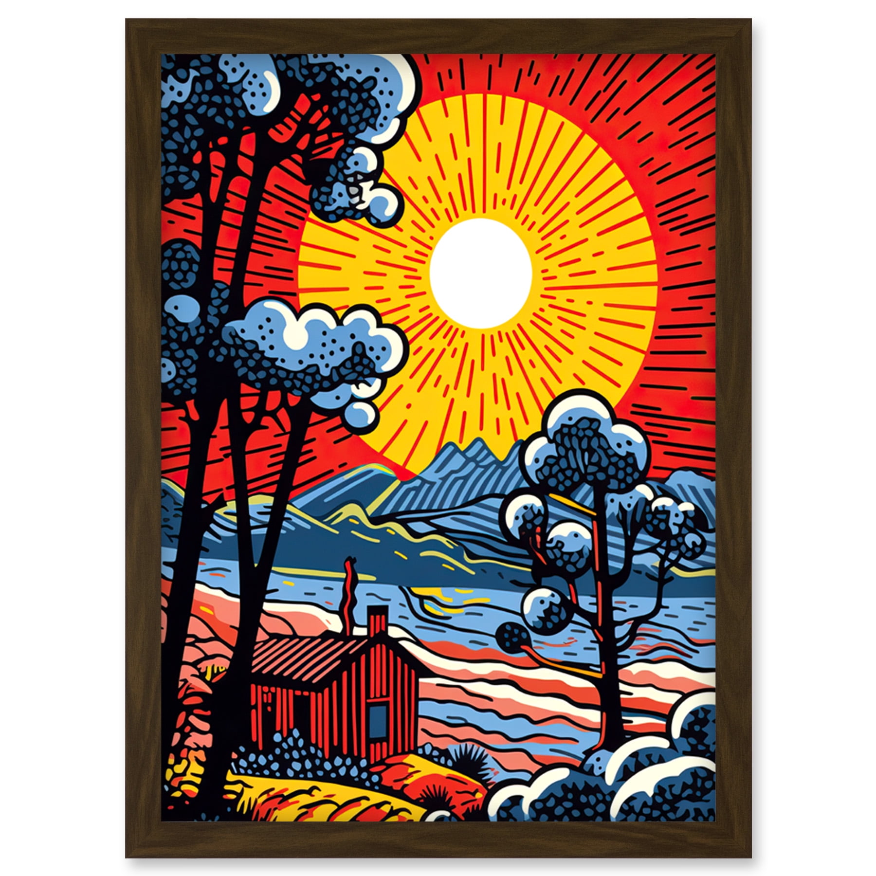 Supernova Sunrise Over Countryside Cabin Comic Book Style Mountain