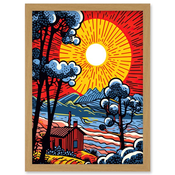 Supernova Sunrise Over Countryside Cabin Comic Book Style Mountain Landscape Pop Art Halftone Artwork Framed Wall Art Print A4