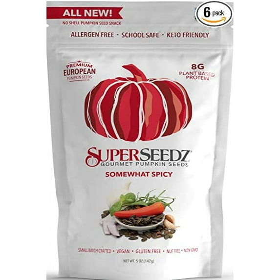 Superseedz Gourmet Roasted Pumpkin Seeds | Somewhat Spicy | Whole 30, Paleo, Vegan & Keto Snacks | 8g Plant Based Protein | Produced In USA | Nut Free | Gluten Free Snack | (6-pack, 5oz each)