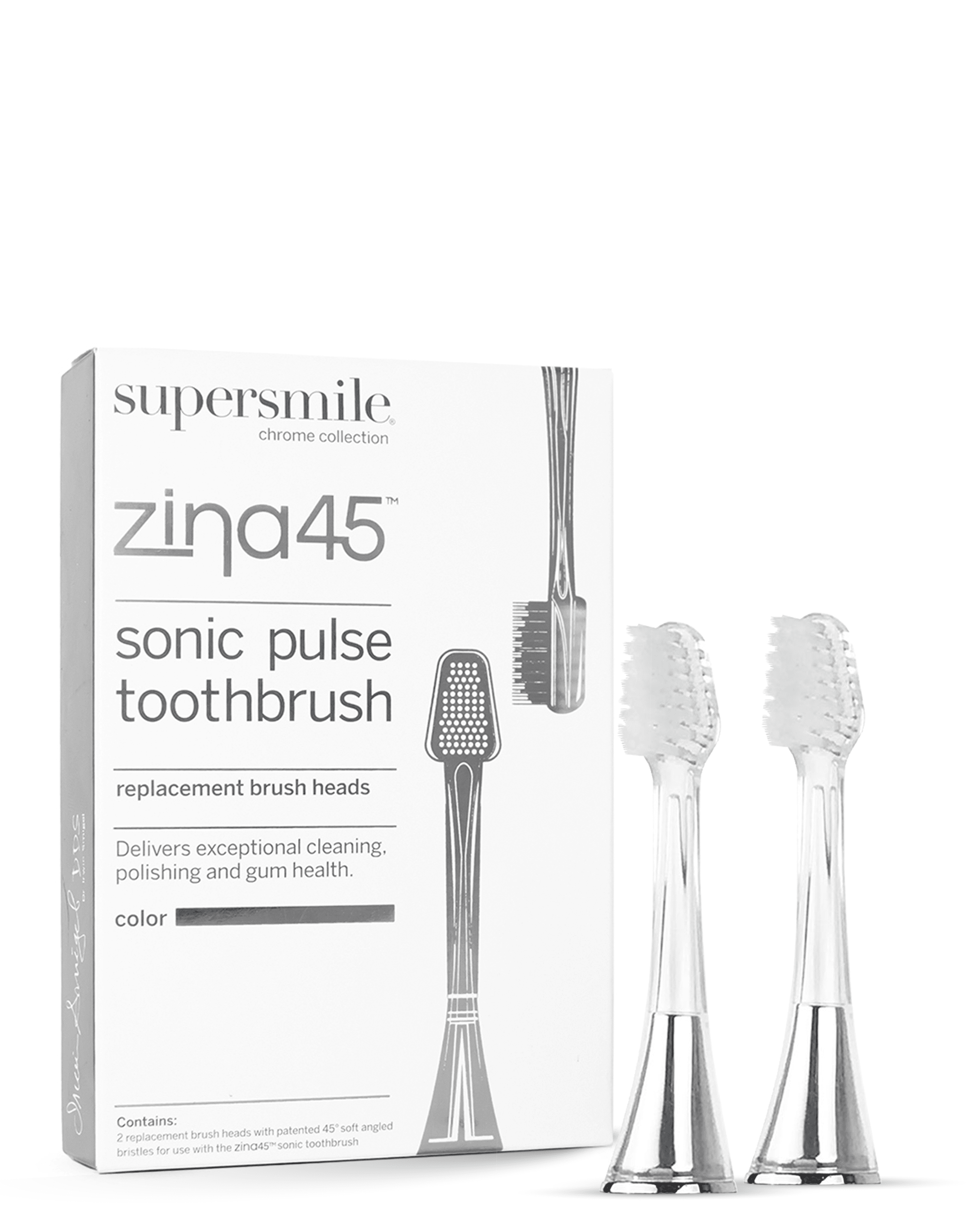 Supersmile Replacement Brush Heads for Zina45 Sonic Pulse Electric Toothbrush, Silver (Pack of 2)