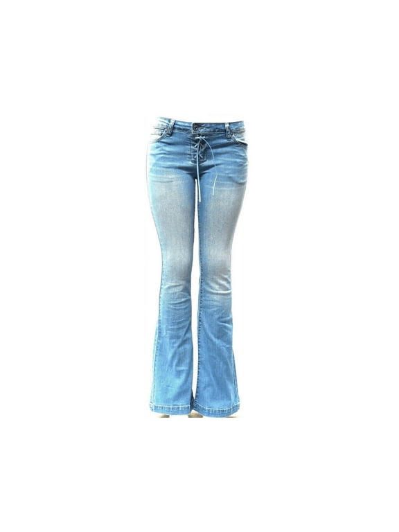 Women's Juniors 70s Trendy Flared Fitted Bell Bottom Denim Jeans