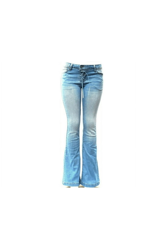 Women's Juniors 70s Trendy Flared Fitted Bell Bottom Denim Jeans