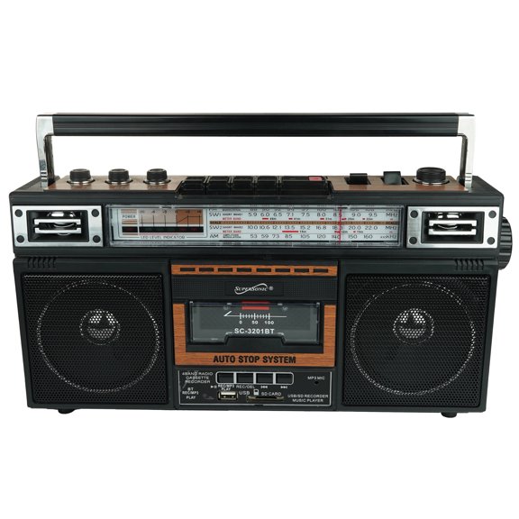 Supersonic Retro Bluetooth Cassette/AM/FM/Shortwave Boom Box, SC-3201BT, Wood